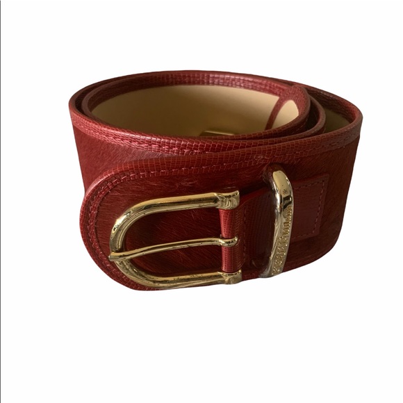 Ferre Milano Vintage Red Calf Hair Leather Gold Buckle Made in Italy Wide Belt - Picture 6 of 7